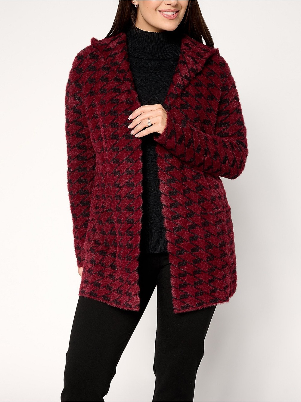 Liverpool Hooded Houndstooth Cardigan - Burgundy and Black